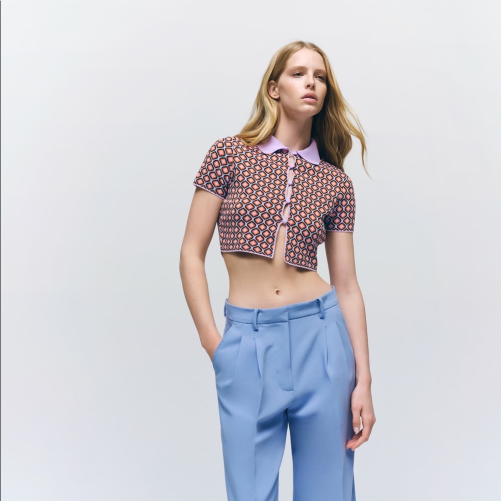 Zara Geometric Knit Jacquard Polo Sweater S